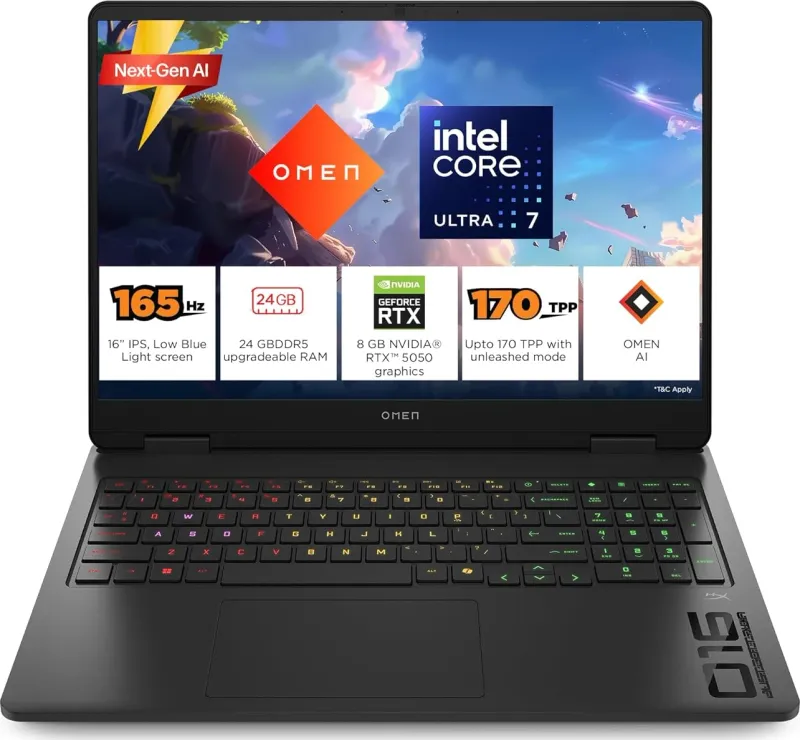 HP Omen 16-am0240tx Gaming Laptop (Intel Core Ultra 7 255H/ 24GB/ 1TB SSD/ Win11/ 8GB RTX 5050 Graph)