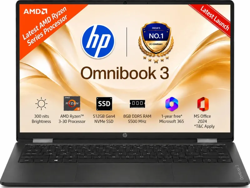HP OmniBook 3 14-hy0030AU Laptop (AMD Ryzen 3 30/ 8GB/ 512GB SSD/ Win11 Home)